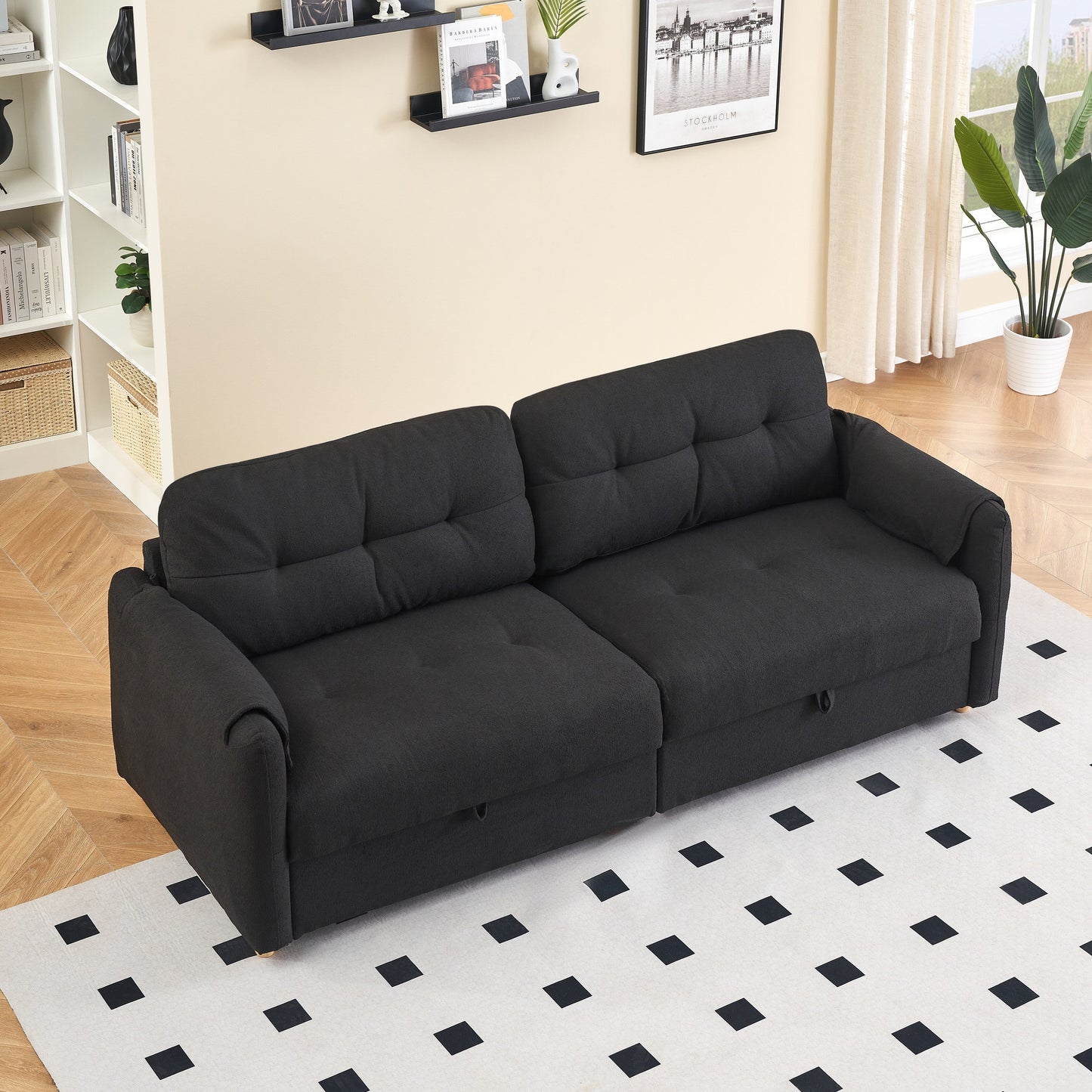 Tissu de canapé en coton et lin Teddy de 79,50 pouces de long, avec pieds longs coniques en métal, bande métallique assortie, élégant et simple