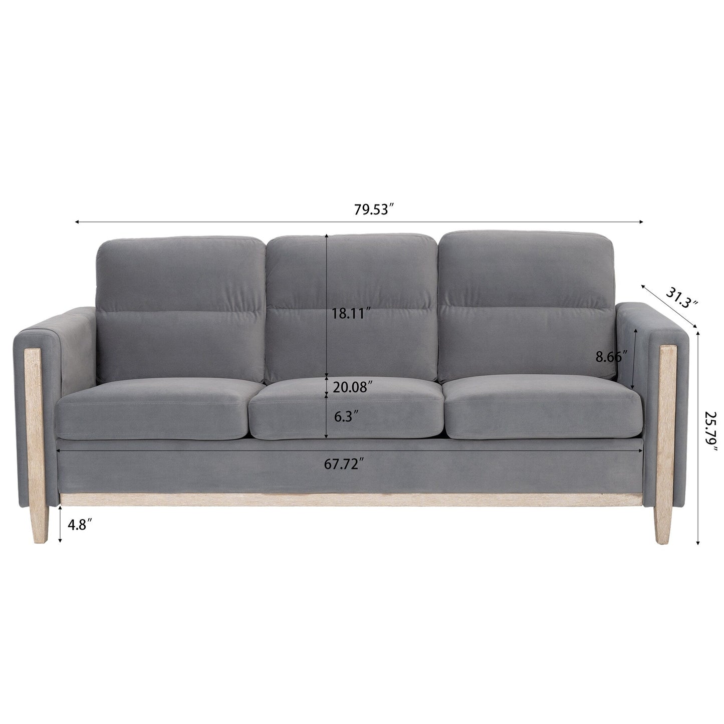 Canapé 3 places en velours massif 79,5 avec assise à ressorts ensachés, dossier en mousse PP et poche de rangement latérale