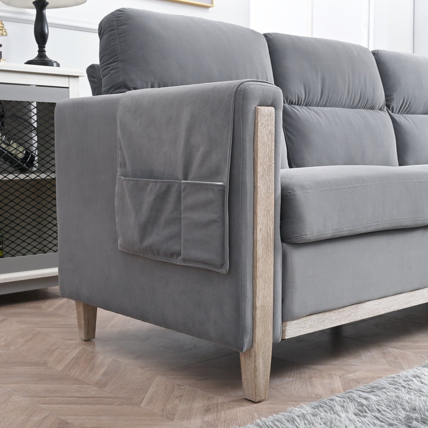 Canapé 3 places en velours massif 79,5 avec assise à ressorts ensachés, dossier en mousse PP et poche de rangement latérale