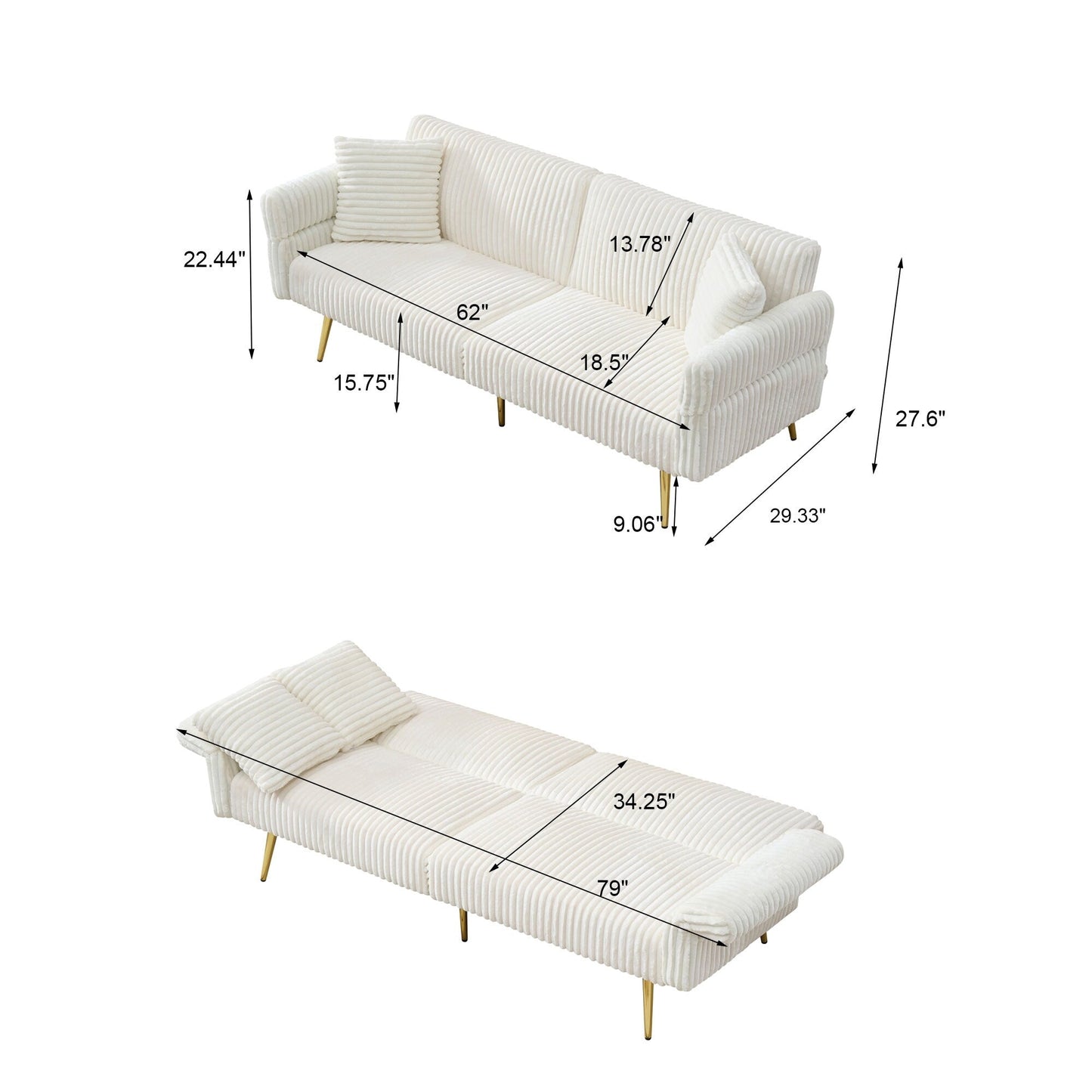Canapé-lit pliable en velours côtelé 79 avec accoudoirs à 3 positions, mousse haute résilience et pieds en métal