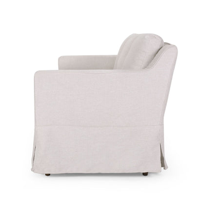 Canapé 3 places en tissu rayé avec accoudoirs encastrés et jupe pour salon