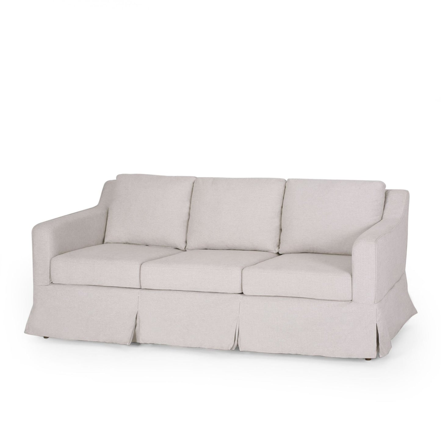 Canapé 3 places en tissu rayé avec accoudoirs encastrés et jupe pour salon