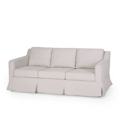 Canapé 3 places en tissu rayé avec accoudoirs encastrés et jupe pour salon
