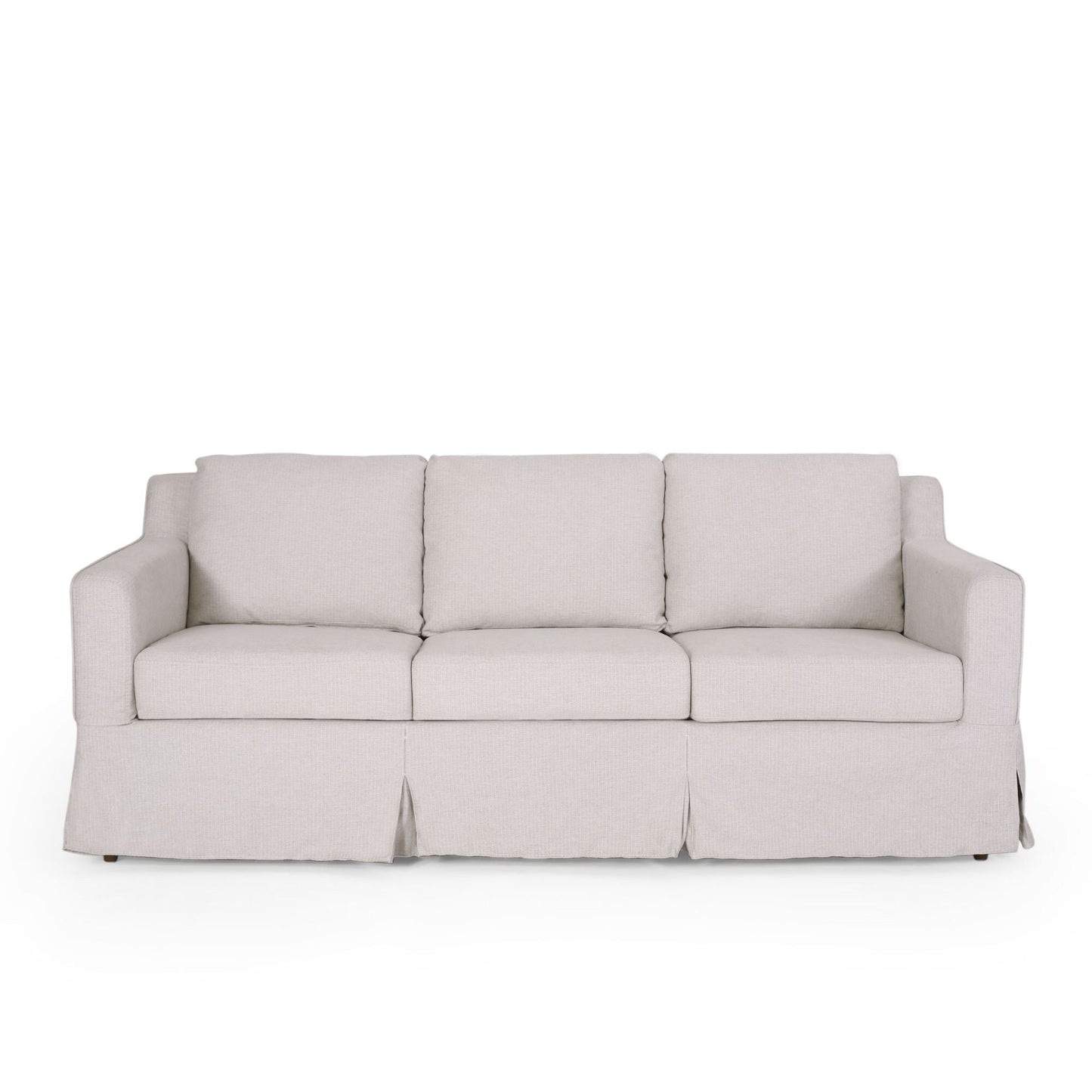 Canapé 3 places en tissu rayé avec accoudoirs encastrés et jupe pour salon