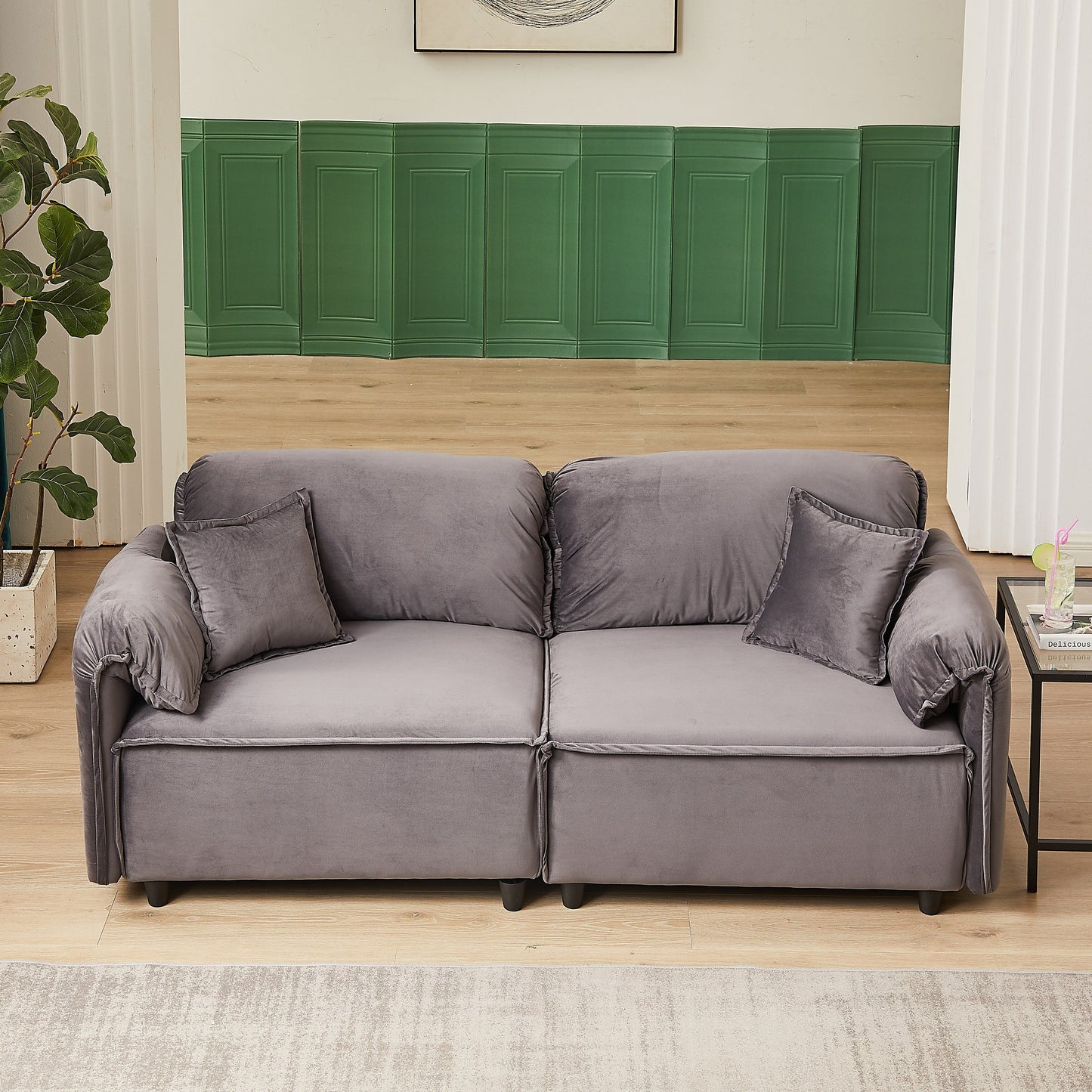 Canapé inclinable 3 places en velours avec 2 coussins, structure en bois massif et ressorts sinueux