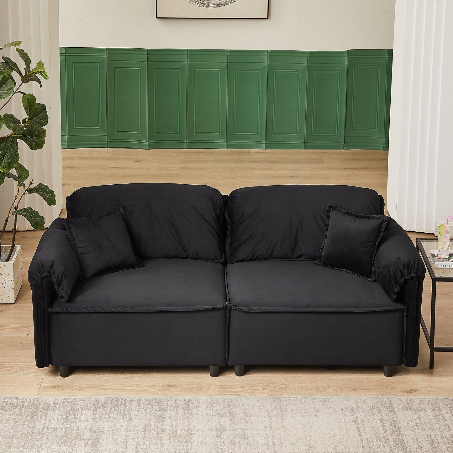 Canapé inclinable 3 places en velours avec 2 coussins, structure en bois massif et ressorts sinueux