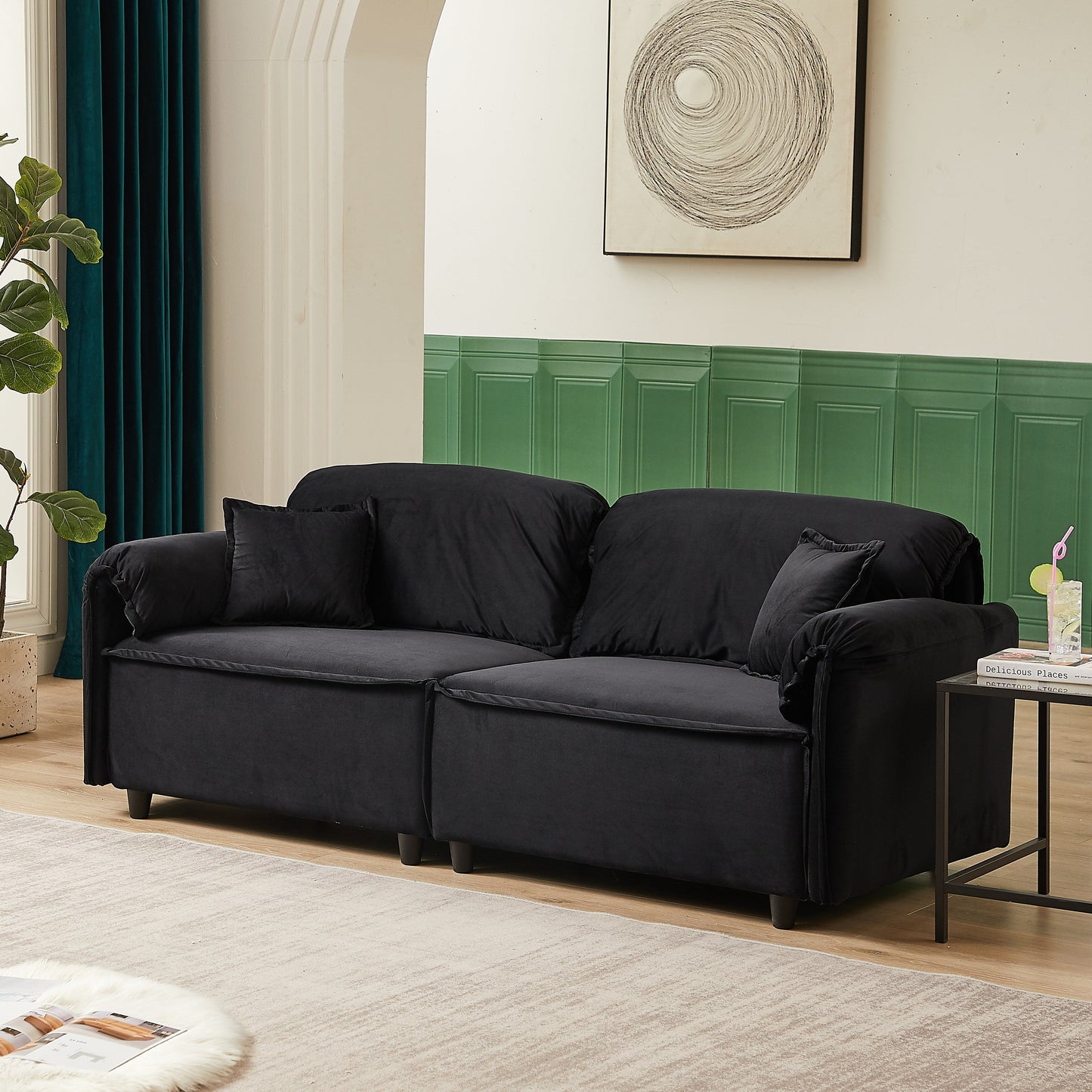 Canapé inclinable 3 places en velours avec 2 coussins, structure en bois massif et ressorts sinueux