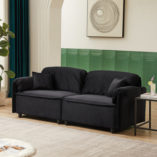 Canapé inclinable 3 places en velours avec 2 coussins, structure en bois massif et ressorts sinueux