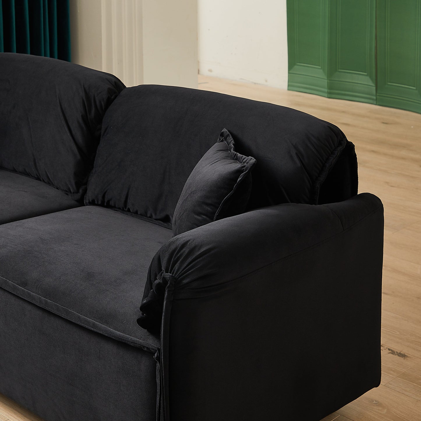 Canapé inclinable 3 places en velours avec 2 coussins, structure en bois massif et ressorts sinueux