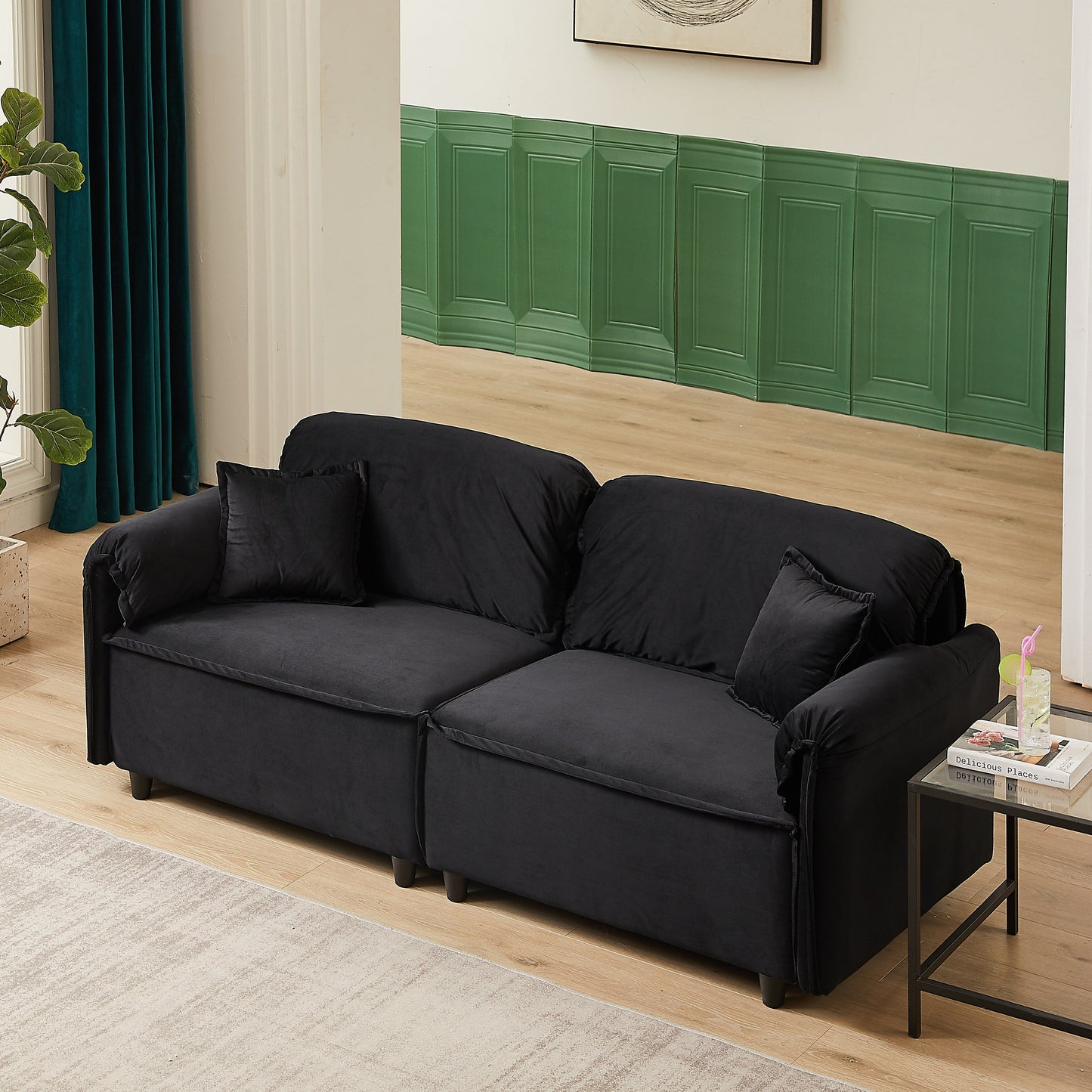 Canapé inclinable 3 places en velours avec 2 coussins, structure en bois massif et ressorts sinueux