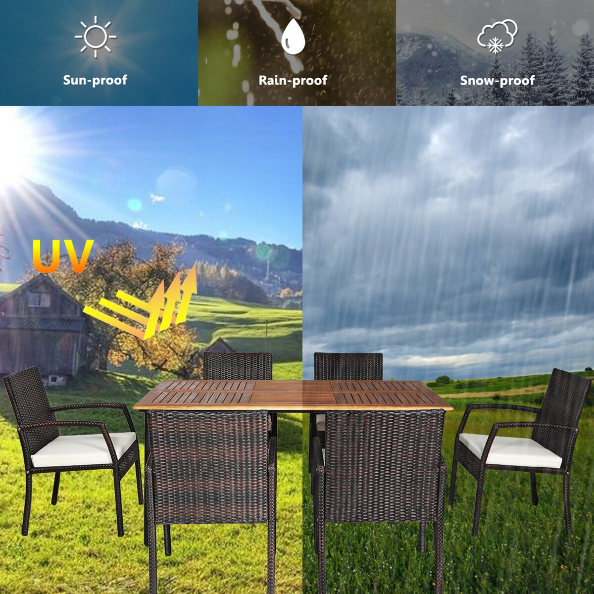 Ensemble de 7 chaises et table de salle à manger d'extérieur en rotin avec trou pour parasol