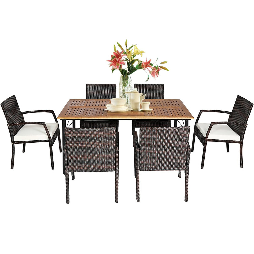 Ensemble de 7 chaises et table de salle à manger d'extérieur en rotin avec trou pour parasol