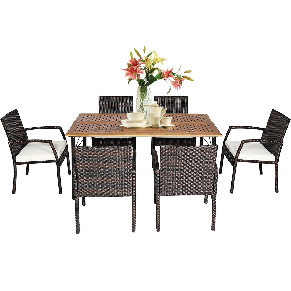 Ensemble de 7 chaises et table de salle à manger d'extérieur en rotin avec trou pour parasol
