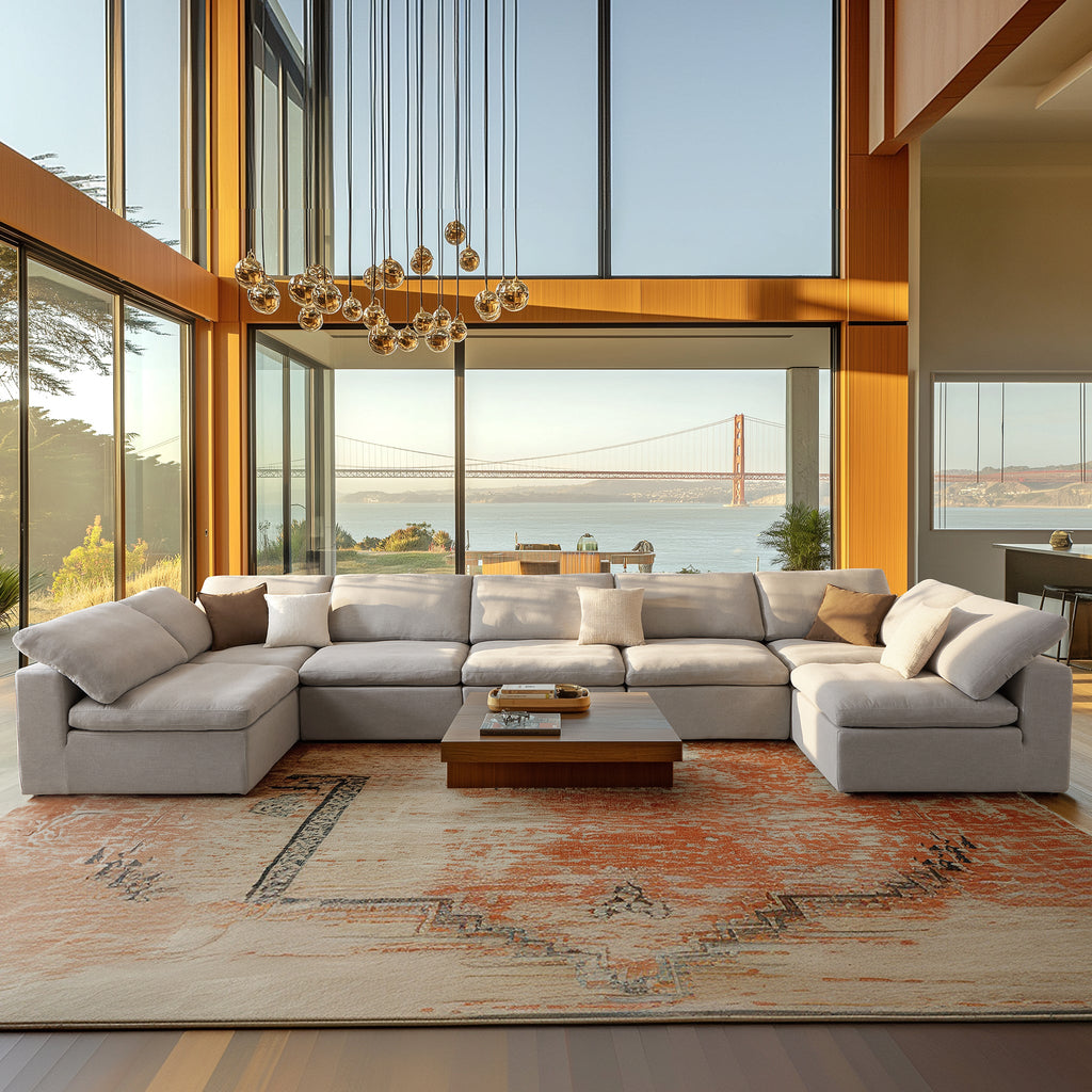 Canapé d'angle en U gris tendre Wabi-Sabi avec extrémités ouvertes