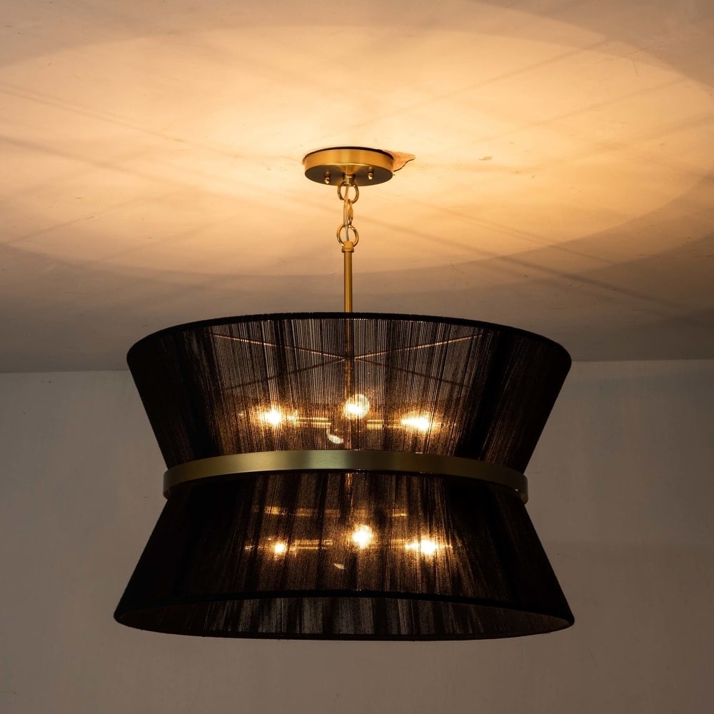 Lustre tambour bohème moderne à 8 lumières, grand format, 61 cm, en tissu tissé à la main, couleur or/noir, pour salle à manger/salon