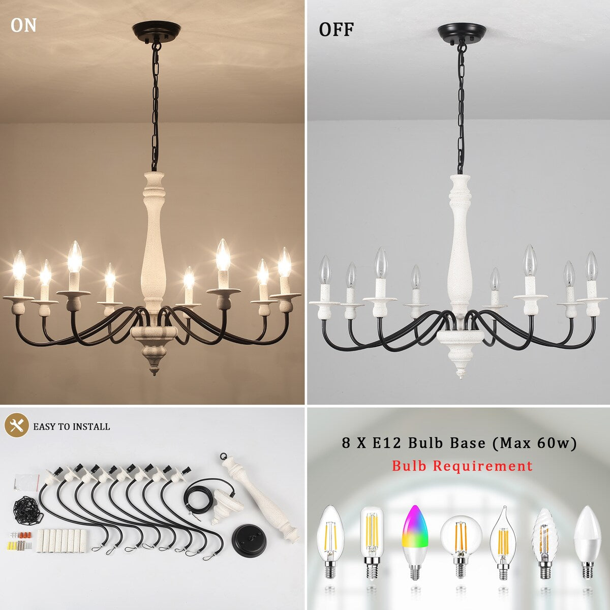 Lustre de ferme moderne, lustre bougie à 8 lumières pour salon, cuisine, îlot, salle à manger, hall d'entrée - L 31,1 x H 20,66