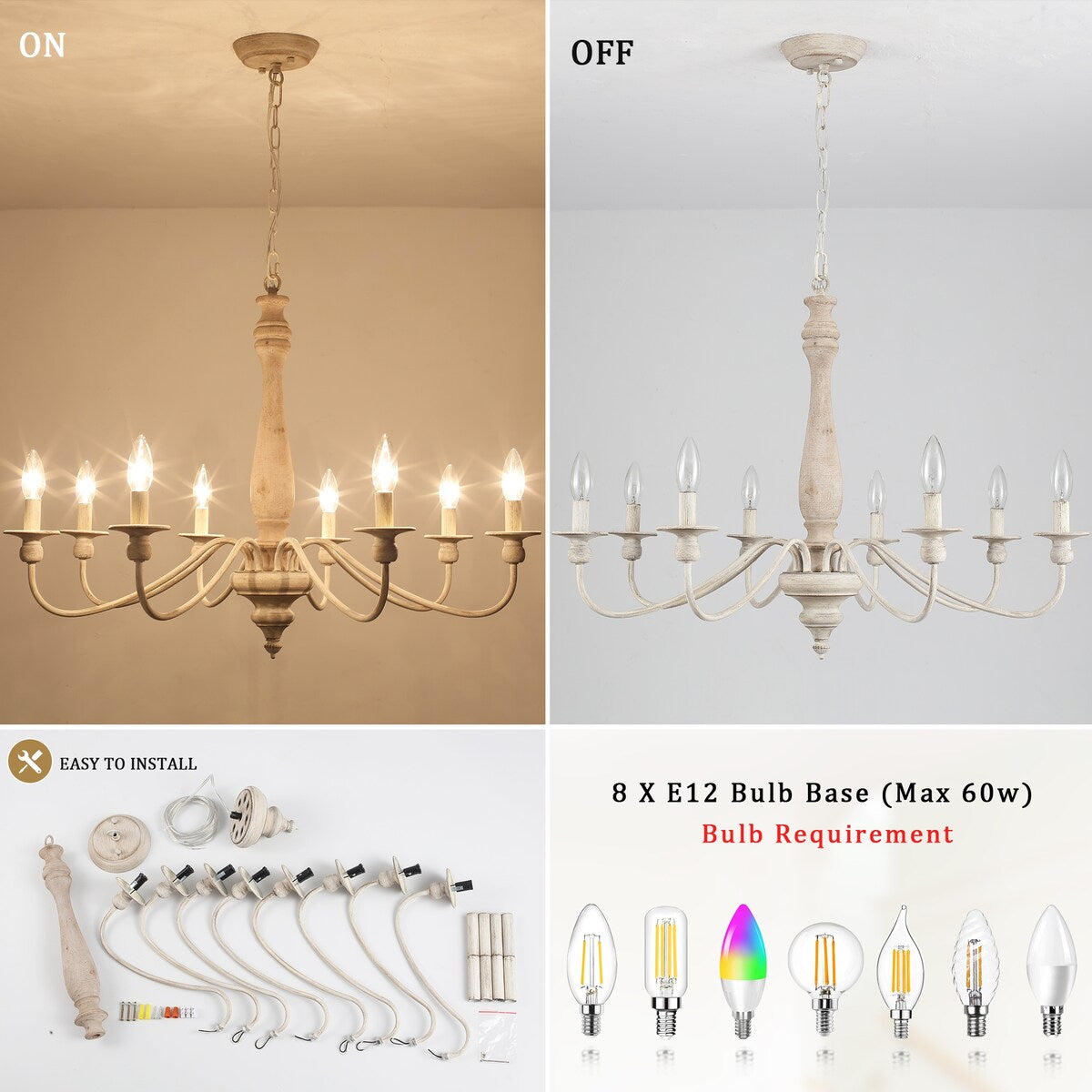 Lustre de ferme moderne, lustre bougie à 8 lumières pour salon, cuisine, îlot, salle à manger, hall d'entrée - L 31,1 x H 20,66