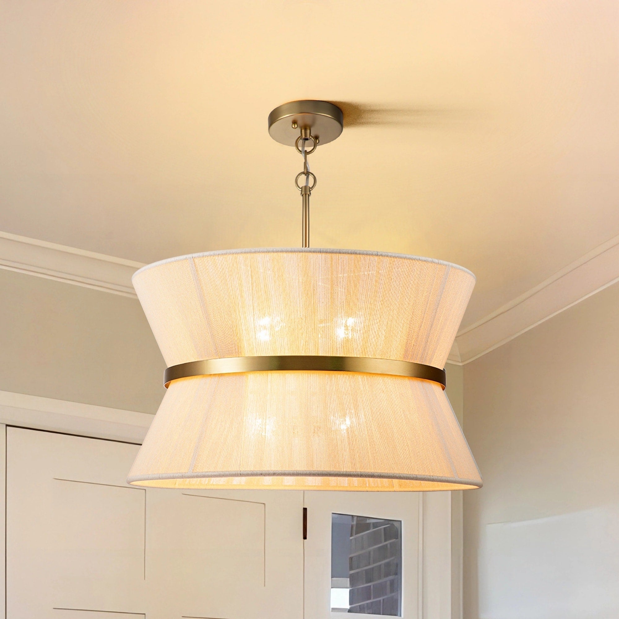 Lustre tambour bohème moderne à 8 lumières, grand format, 61 cm, en tissu tissé à la main, couleur or/noir, pour salle à manger/salon