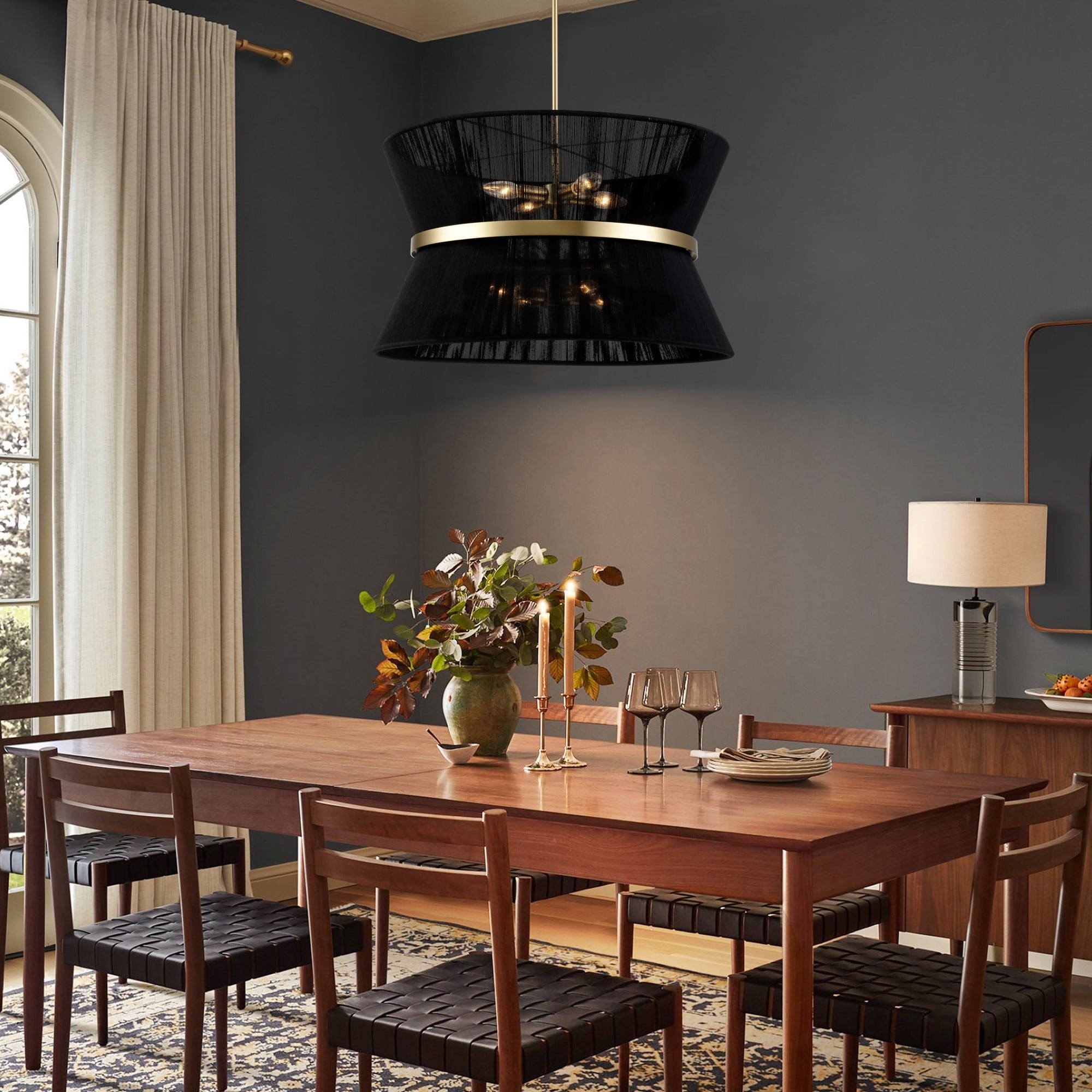 Lustre tambour bohème moderne à 8 lumières, grand format, 61 cm, en tissu tissé à la main, couleur or/noir, pour salle à manger/salon