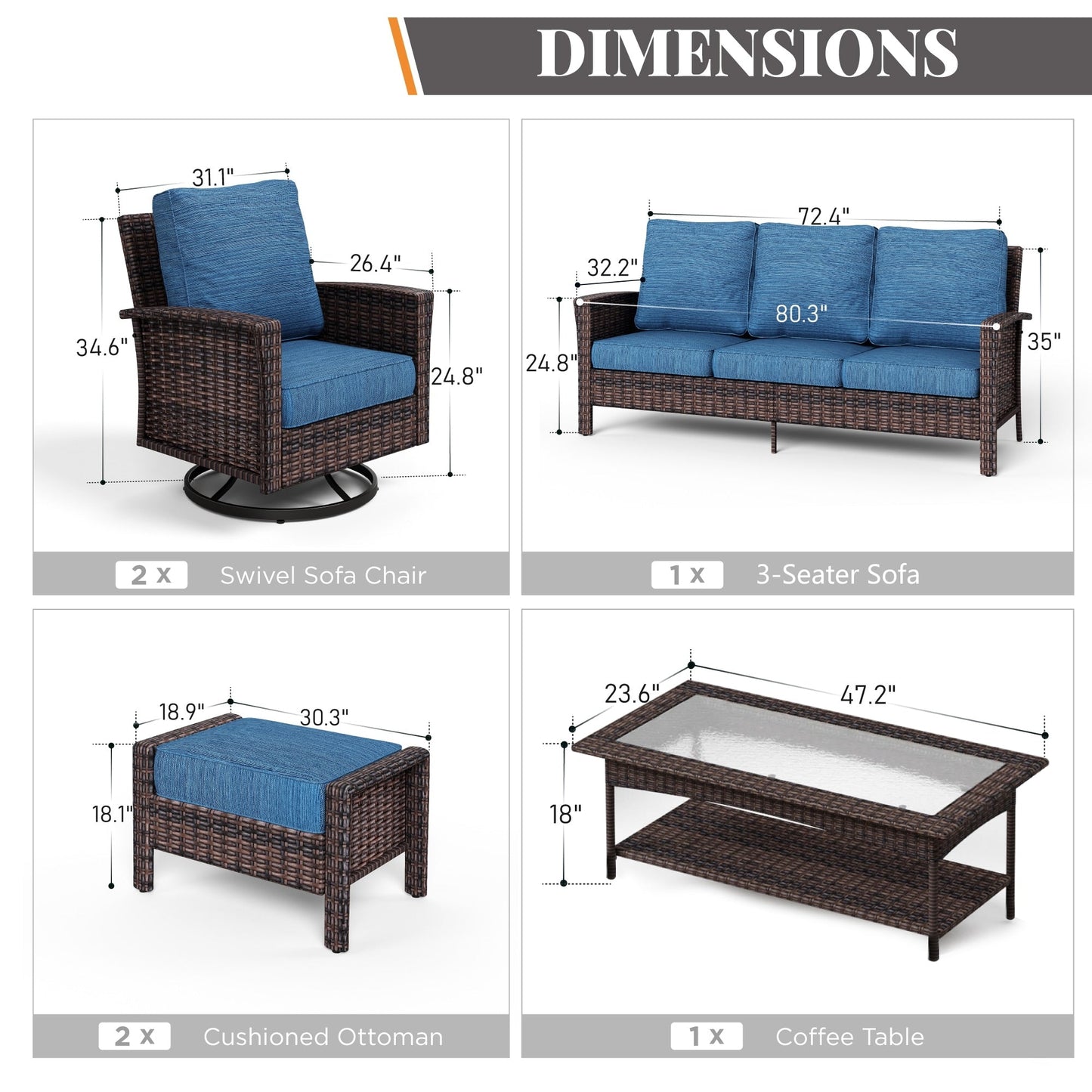 MAISON ARTS Ensemble de canapé de patio extra-large en osier avec table basse, siège surdimensionné avec coussin rembourré de 5,5 pouces d'épaisseur