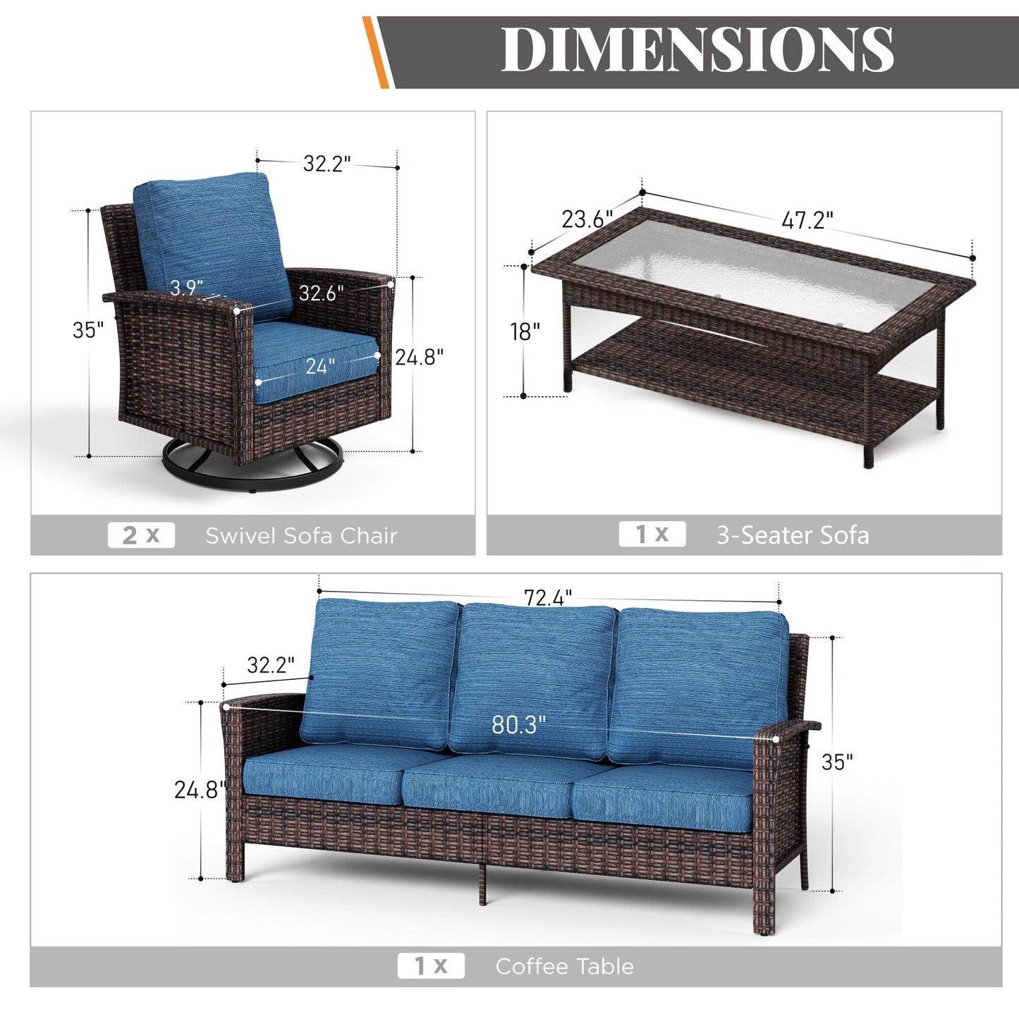 MAISON ARTS Ensemble de canapé de patio extra-large en osier avec table basse, siège surdimensionné avec coussin rembourré de 5,5 pouces d'épaisseur