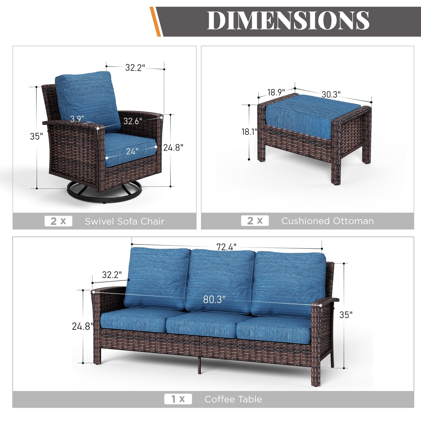MAISON ARTS Ensemble de canapé de patio extra-large en osier avec table basse, siège surdimensionné avec coussin rembourré de 5,5 pouces d'épaisseur