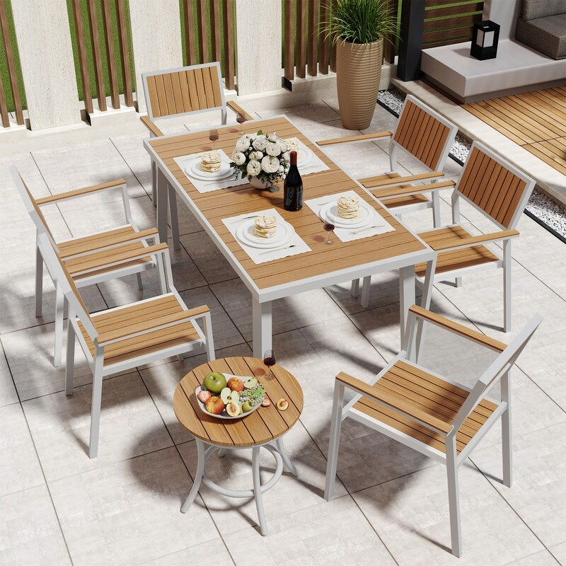 Ensemble de salle à manger d'extérieur 8 pièces avec table rectangulaire, petite table d'appoint et 6 chaises empilables