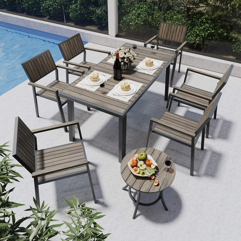 Ensemble de salle à manger d'extérieur 8 pièces avec table rectangulaire, petite table d'appoint et 6 chaises empilables