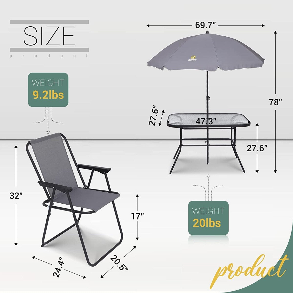 Ensemble de salle à manger de jardin 8 pièces, table de jardin d'extérieur avec parasol amovible, table en verre et 6 chaises pliantes