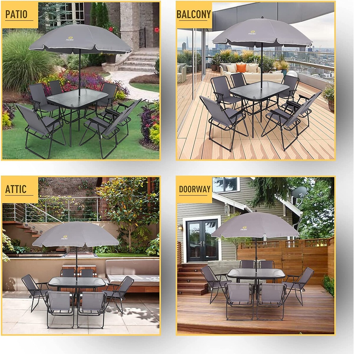Ensemble de salle à manger de jardin 8 pièces, table de jardin d'extérieur avec parasol amovible, table en verre et 6 chaises pliantes