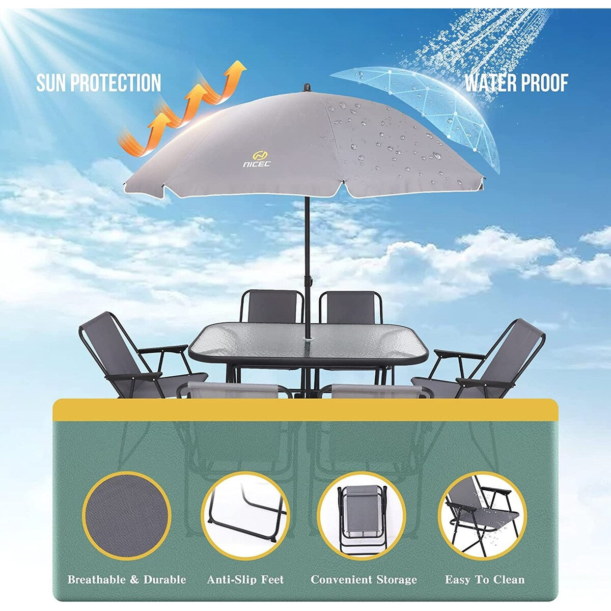 Ensemble de salle à manger de jardin 8 pièces, table de jardin d'extérieur avec parasol amovible, table en verre et 6 chaises pliantes