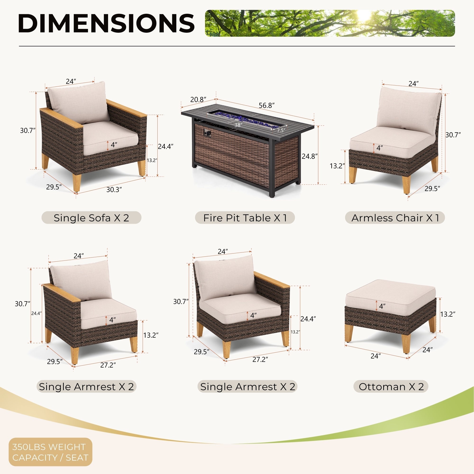 Ensemble de 8 canapés d'extérieur en osier, grand salon de jardin, table et foyer