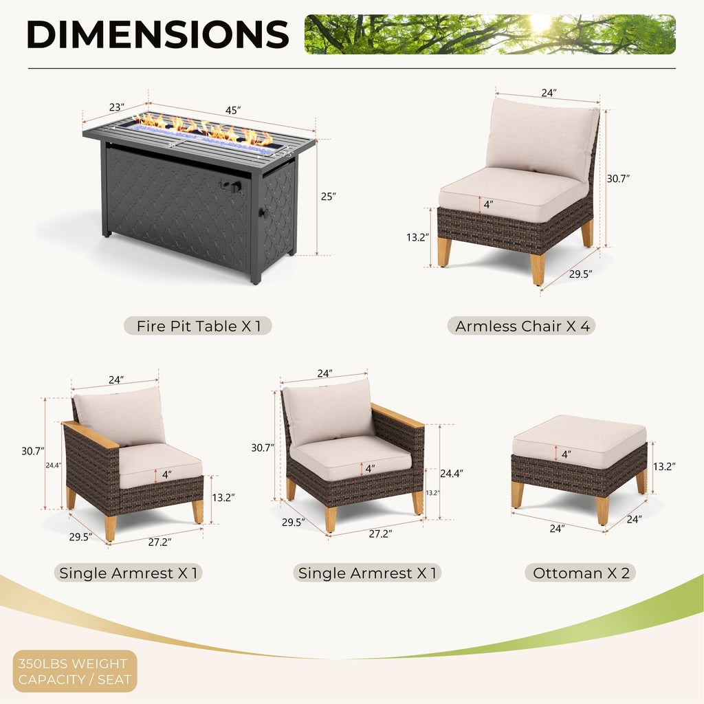 Ensemble de 8 canapés d'extérieur en osier, grand salon de jardin, table et foyer