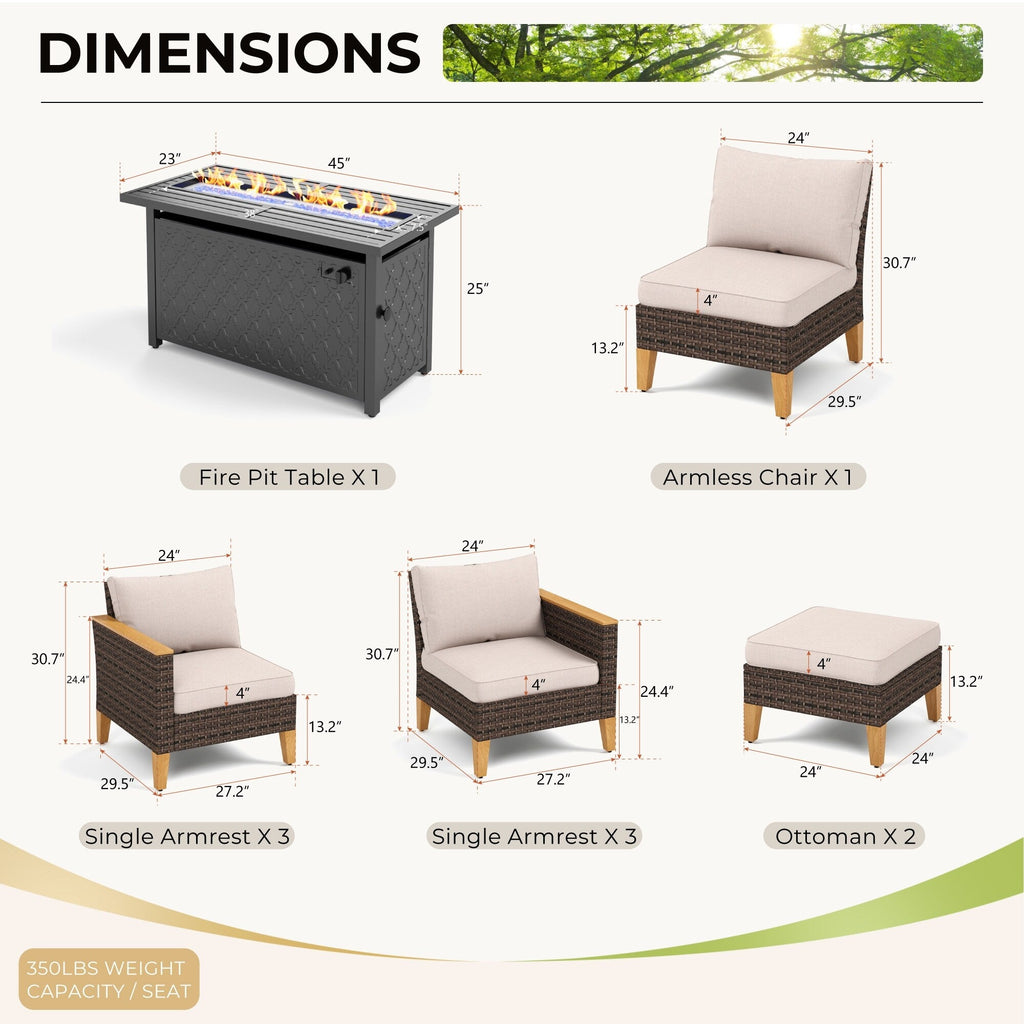 Ensemble de 8 canapés d'extérieur en osier, grand salon de jardin, table et foyer