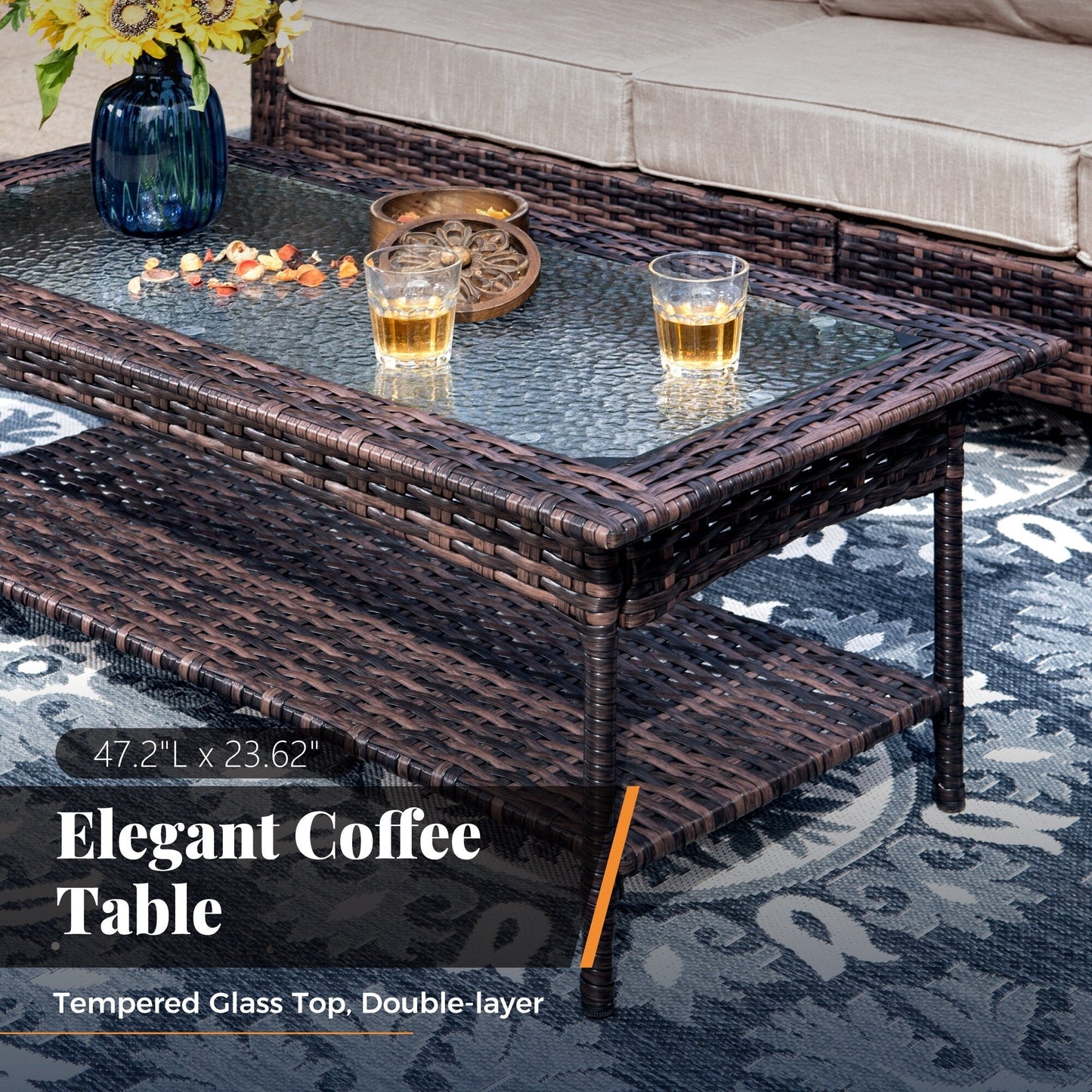 MAISON ARTS Ensemble de canapé de patio extra-large en osier avec table basse, siège surdimensionné avec coussin rembourré de 5,5 pouces d'épaisseur