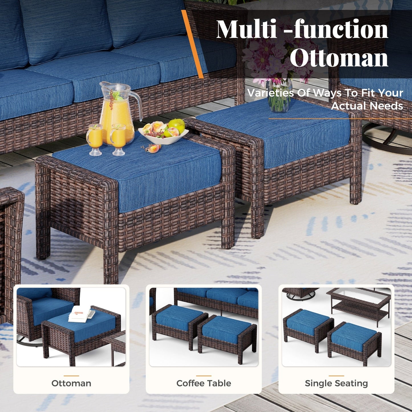 MAISON ARTS Ensemble de canapé de patio extra-large en osier avec table basse, siège surdimensionné avec coussin rembourré de 5,5 pouces d'épaisseur
