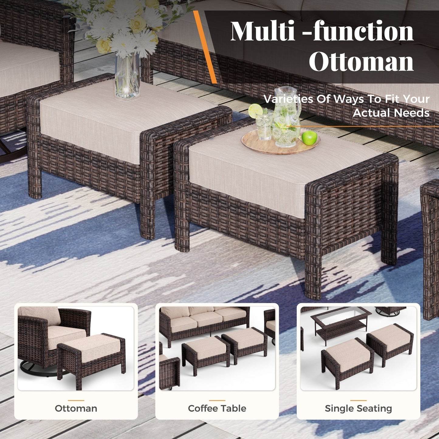 MAISON ARTS Ensemble de canapé de patio extra-large en osier avec table basse, siège surdimensionné avec coussin rembourré de 5,5 pouces d'épaisseur