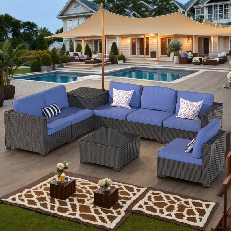 Ensemble de meubles de jardin en osier 8 pièces avec table de rangement, bleu