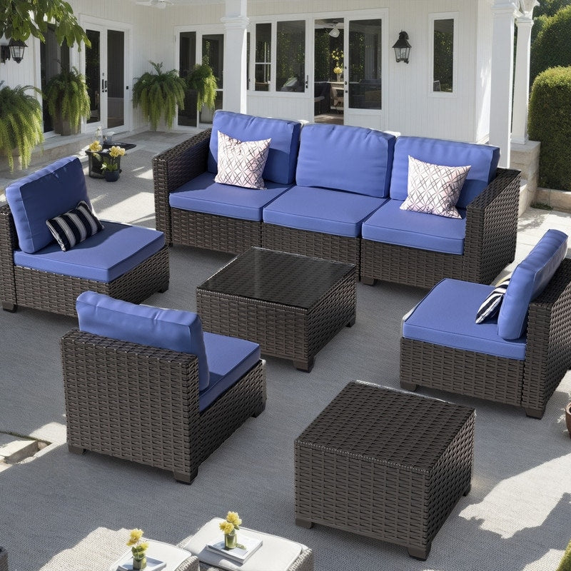 Ensemble de meubles de jardin en osier 8 pièces avec table de rangement, bleu