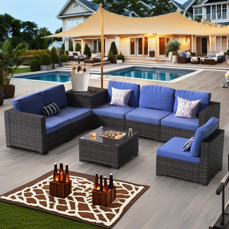 Ensemble de meubles de jardin en osier 8 pièces avec table de rangement, bleu