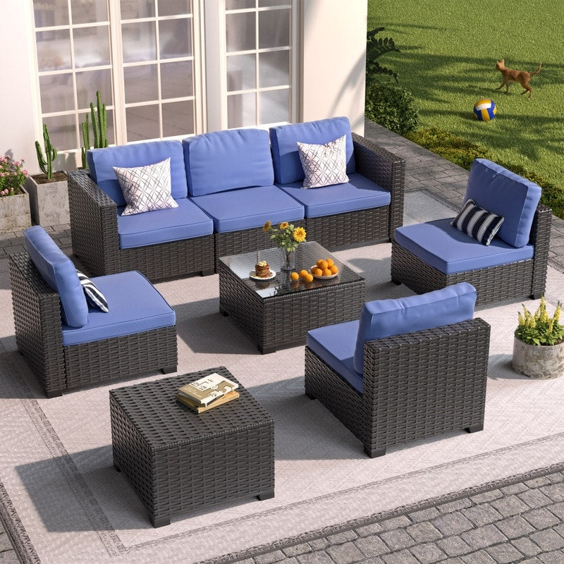 Ensemble de meubles de jardin en osier 8 pièces avec table de rangement, bleu