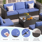 Ensemble de meubles de jardin en osier 8 pièces avec table de rangement, bleu