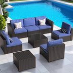 Ensemble de meubles de jardin en osier 8 pièces avec table de rangement, bleu