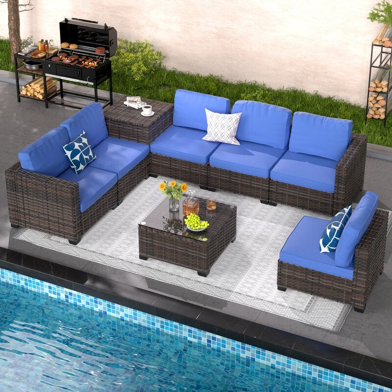Ensemble de meubles de jardin en osier 8 pièces avec table de rangement, bleu