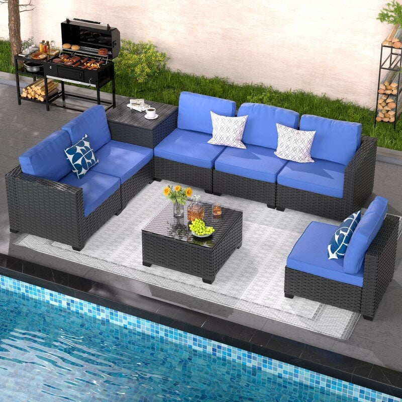 Ensemble de meubles de jardin en osier 8 pièces avec table de rangement, bleu