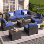 Ensemble de meubles de jardin en osier 8 pièces avec table de rangement, bleu