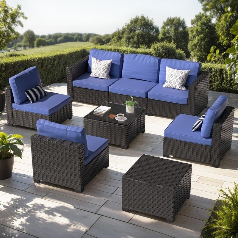 Ensemble de meubles de jardin en osier 8 pièces avec table de rangement, bleu
