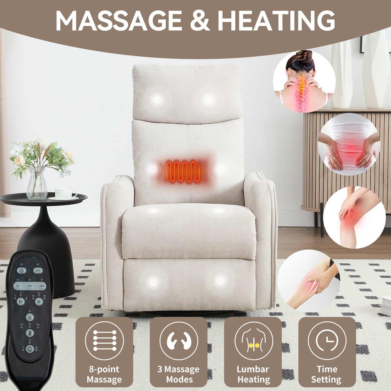 Fauteuil inclinable manuel à 8 points de massage, fauteuil à bascule pivotant en tissu, fauteuil simple avec bascule et chauffage lombaire