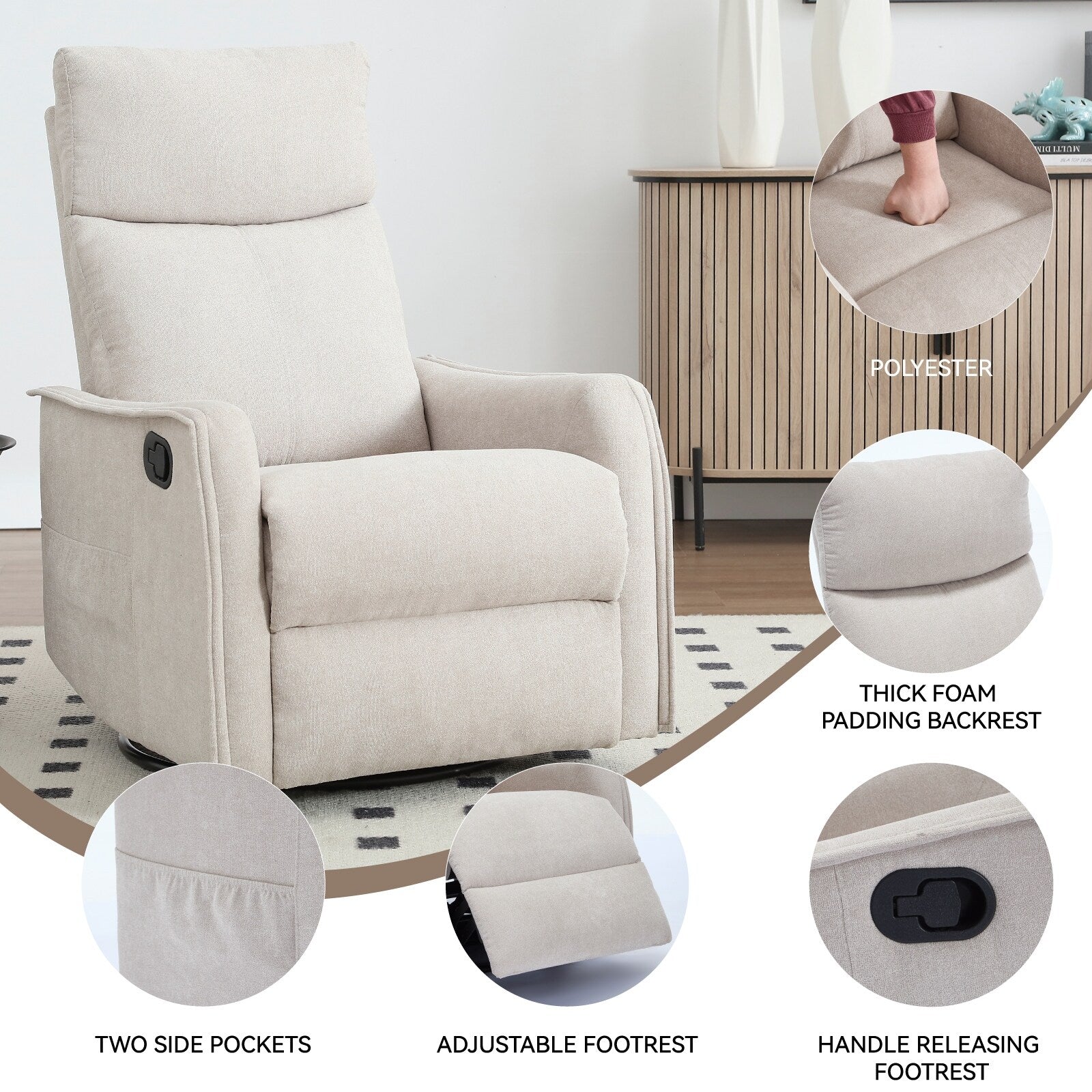 Fauteuil inclinable manuel à 8 points de massage, fauteuil à bascule pivotant en tissu, fauteuil simple avec bascule et chauffage lombaire