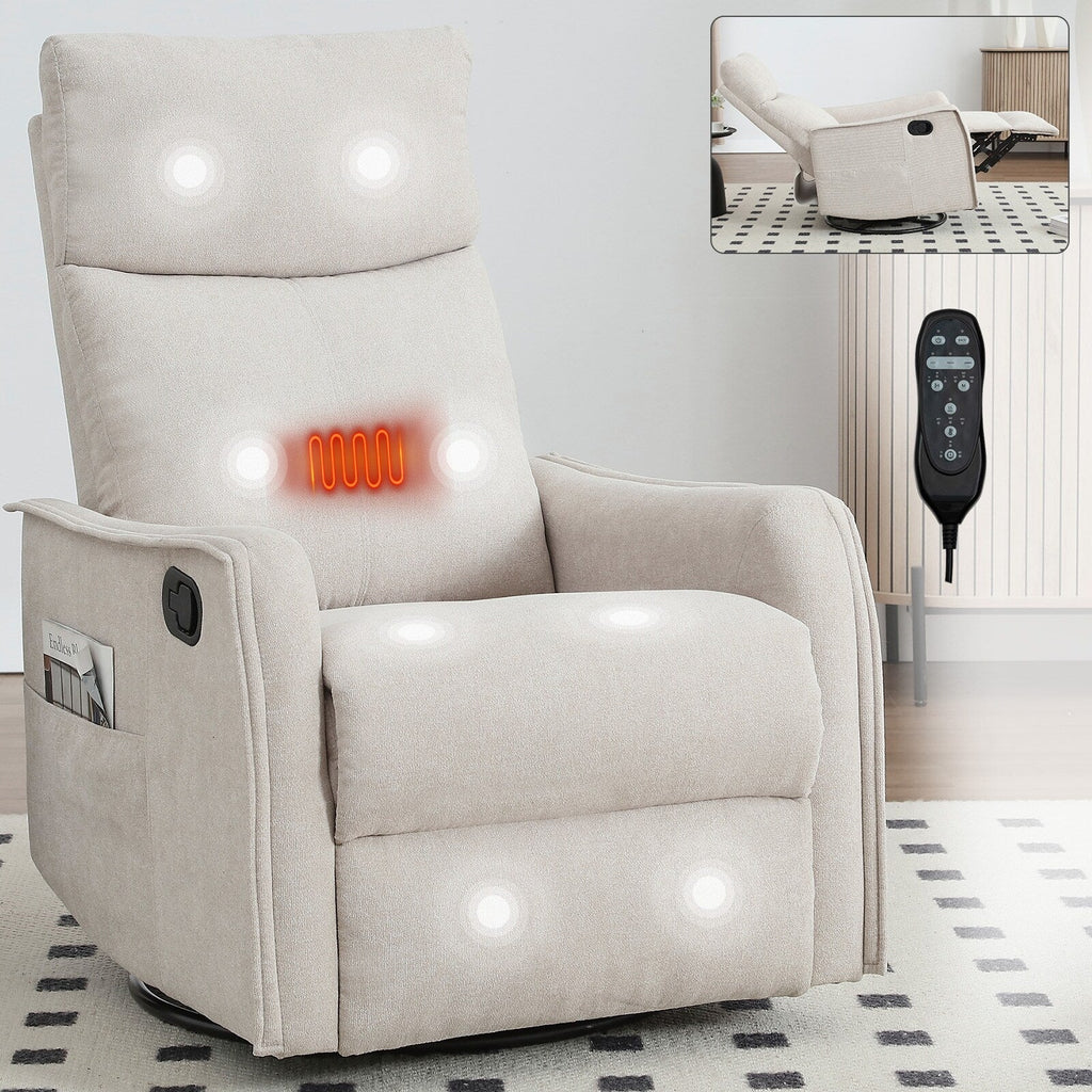 Fauteuil inclinable manuel à 8 points de massage, fauteuil à bascule pivotant en tissu, fauteuil simple avec bascule et chauffage lombaire